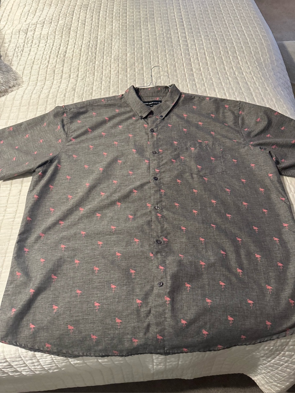 Men's Gray Short-Sleeve Button-Down Shirt with Pink Flamingo Print